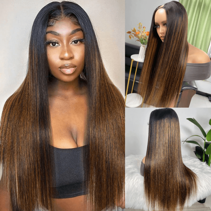 UNice Glueless U Part Straight Wig For Beginners With Brown Highlights