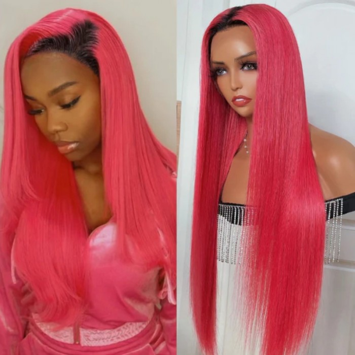 UNice Rose Red Ombre 13x4 Lace Front Straight Wig With Dark Roots