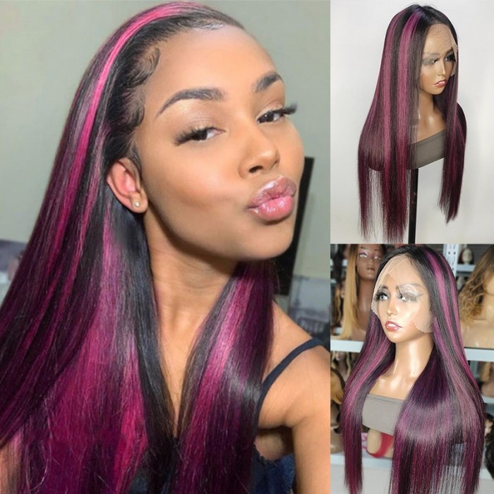 UNice Black Lace Front Straight Wig With Purple-Pink Highlights