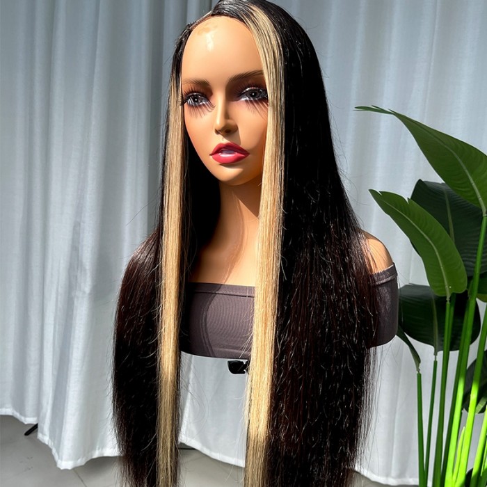 Great Choice for 18 Inch Blonde Streaks U Part Black Straight Wig
