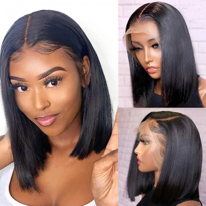 $100 OFF-12inch Straight T Part Lace Short Black Bob Wig