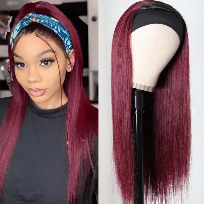 Unice Ombre 99j Wine Red Color Straight Human Hair Headband Wig With Black Roots For Women 