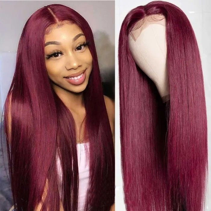 99j Lace Part Human Hair Wigs Burgundy Virgin Straight Hand Tied Hair Line Lace Wig Pre Plucked Colored Wig for Women 