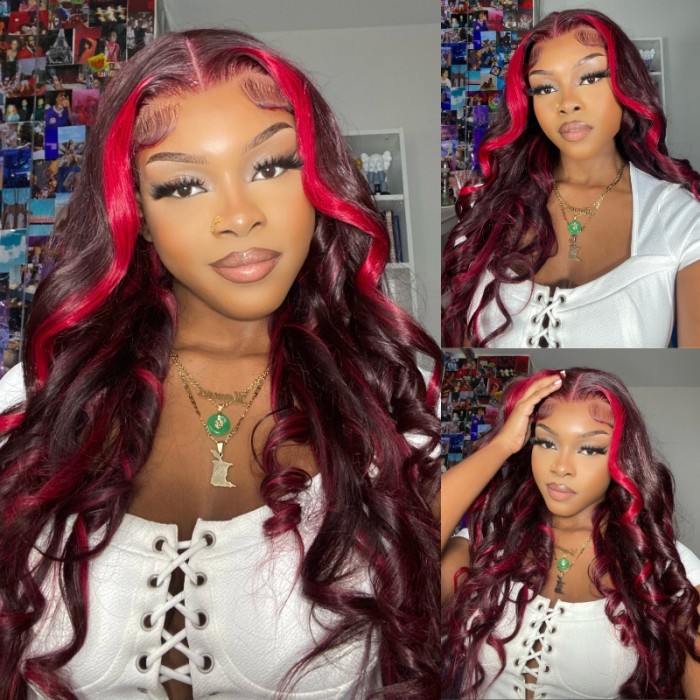 UNice Dark Burgundy With Rose Red Highlights 13x4 Lace Front Loose Wave Wig