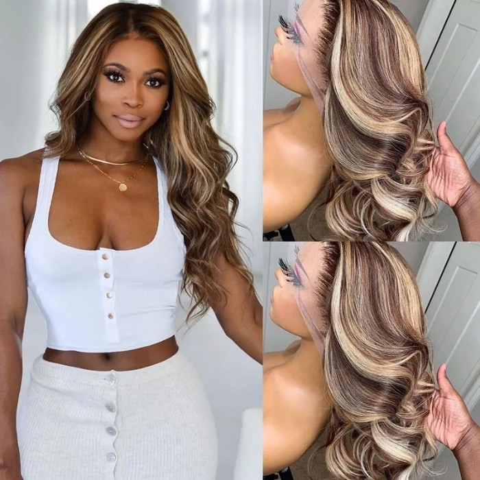 Piano Honey Blonde 13*4 Frontal Wig Body Wave 24 Inch