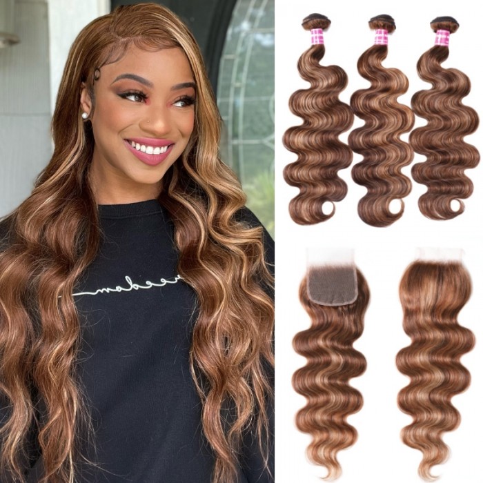 UNice Honey Blonde Piano Highlighted Body Wave 3Pcs Bundles With Closure Deal