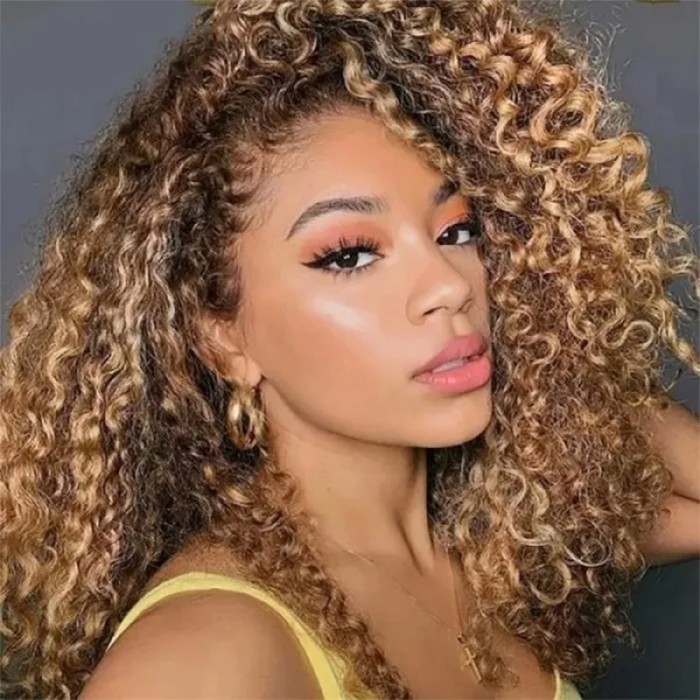 UNice Ombre Honey Blonde Money Piece Highlight Lace Front Curly Human Hair Wigs