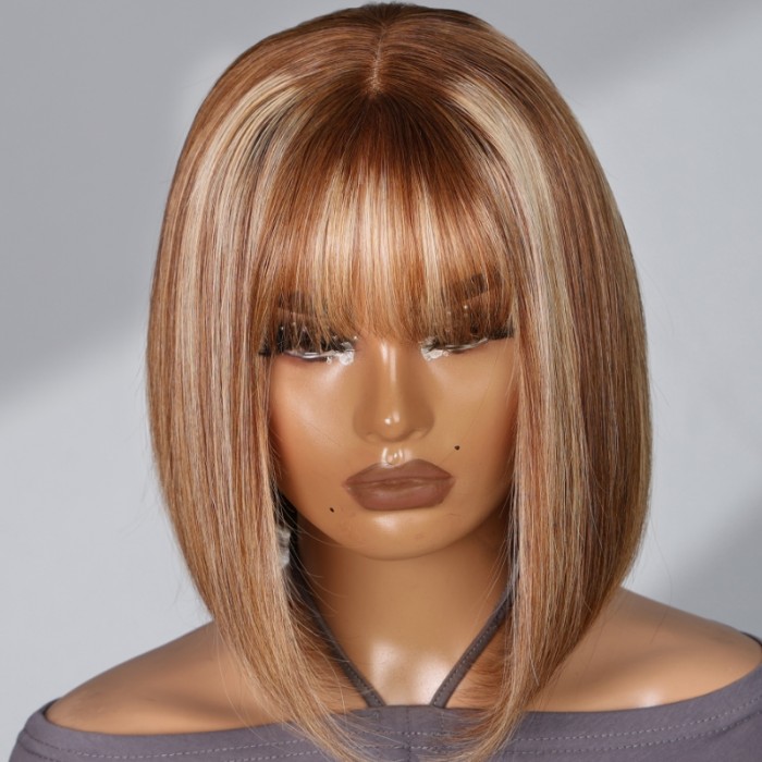 UNice 4x0.75 Lace Part Honey Blonde Highlights Straight Bob Wig With Wispy Bangs
