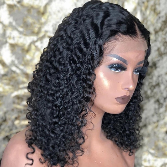 UNice Short Curly Bob Full Lace Human Hair Wig Natural Black color