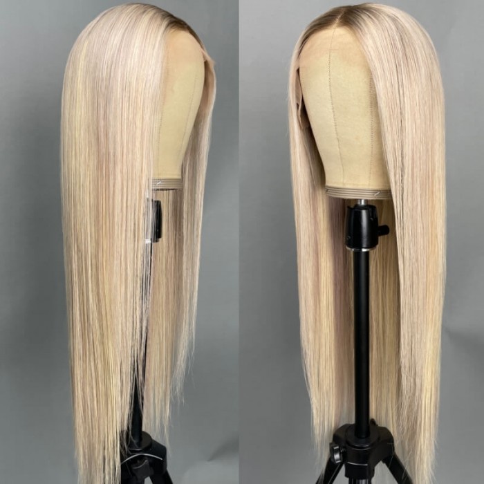 UNice 13x4 Lace Front Straight Bleach Blonde Wig With Dark Roots