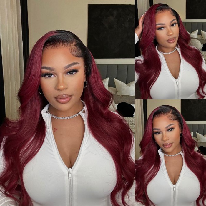 Unice 13x4 Lace Front Burgundy Red With Dark Roots Body Wave Wig