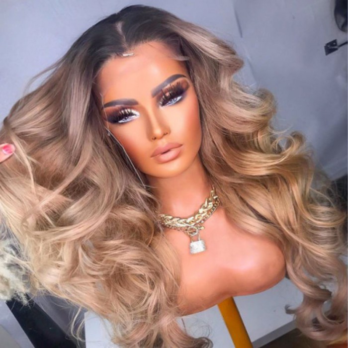 UNice 13x4 Lace Front Peachy Blonde Body Wave Wig With Dark Roots