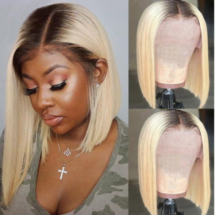 Flash sale 14 inches 1B/613 Blonde Ombre 13x4 Lace Front Shoulder Length Bob Wig