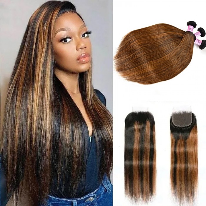 UNice 4x4 Lace Closure with 3 Bundles Straight Hair Brown Balayage Color 