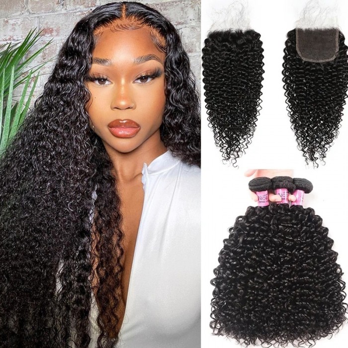 Unice 5x5 HD Transparent Lace Closure With Curly Human Hair 3 Bundles 