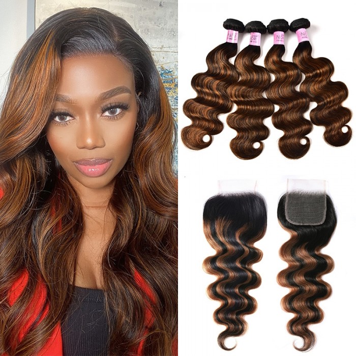 Unice Balayage Ombre Body Wave Hair 4 Bundles With Lace Closure 1B/30 Ombre Virgin Human Hair With Closure