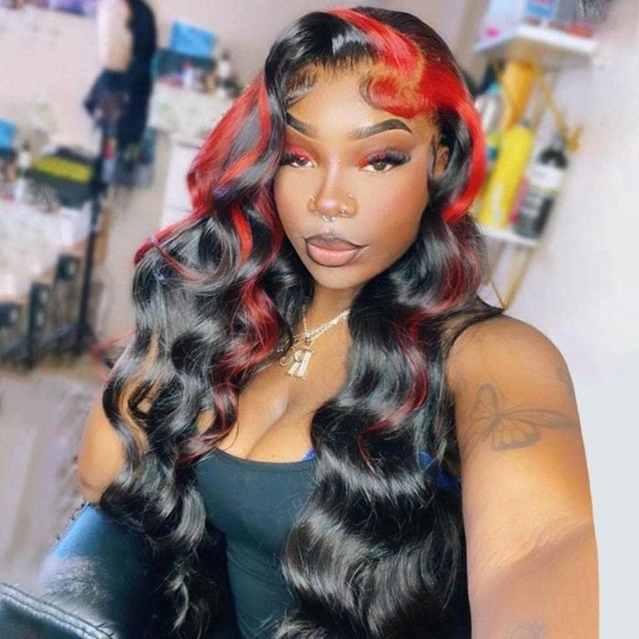 UNice Black And Side Red Skunk Stripe Wavy 13x4 Lace Front Loose Wave Wig