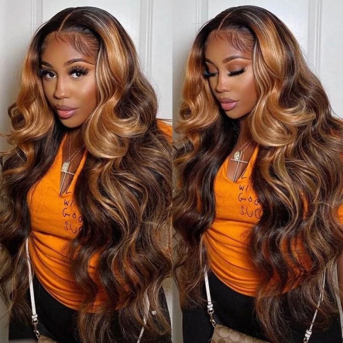 UNice Body Wave V Part Wig Shadow Root Balayage Highlight Colored Glueless Wig