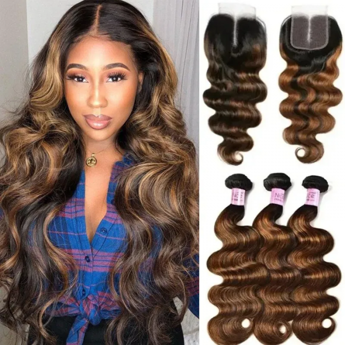 UNice Body Wave Brown Balayage Highlight Hair Weave 3 Bundles With 4x4 Lace Closure Human Hair