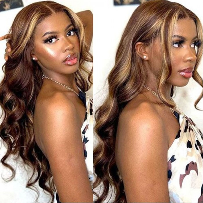 UNice Brown Balayage With Honey Blonde Face-Framing Highlights Loose Wave Wig