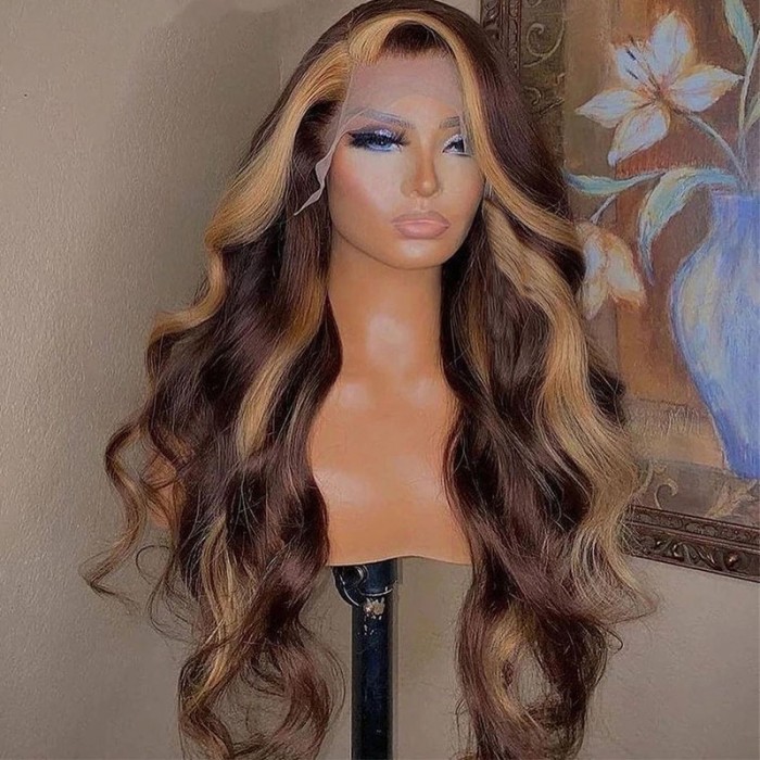 UNice Chestnut Brown With Honey Blonde Chunky Highlights 13x4 Frontal Wavy Wig