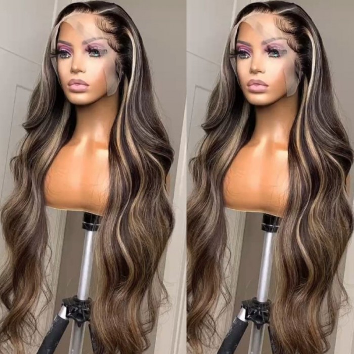 UNice 13x4 Chocolate Brown With Peek A Boo Blonde Highlights Lace Front Loose Wave Wig Beyoncé Inspired