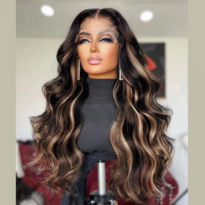 UNice Chocolate Brown With Peek A Boo Blonde Highlights 13x4 Lace Front Loose Wave Wig