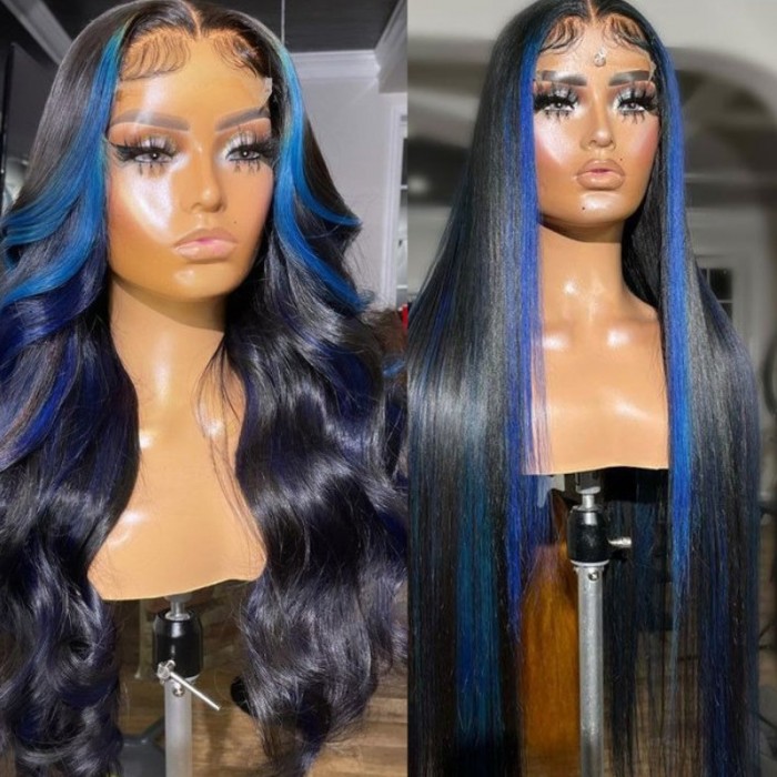 UNice 13x4 Lace Front Black With Blue Highlights Skunk Stripe Wig Blue Dream