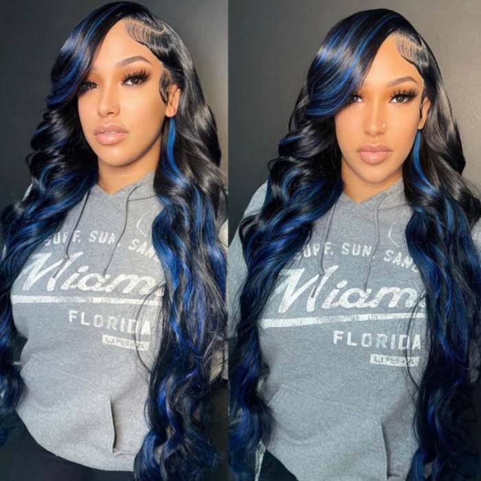 UNice Black With Blue Highlights Skunk Stripe 13x4 Lace Front Wig ...