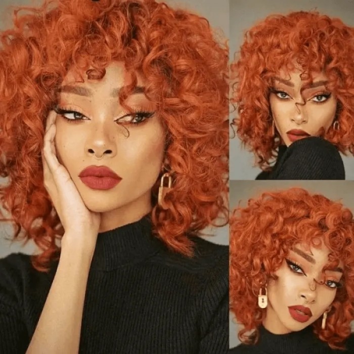UNice Colored Ginger Orange Glueless Short Pix Cut Bob Wigs Bouncy Curls with Bangs
