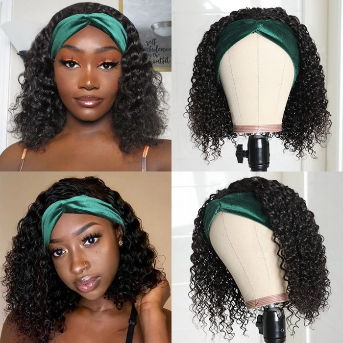 Headband Curly Human Hair for Women Glueless Natural Black Wig
