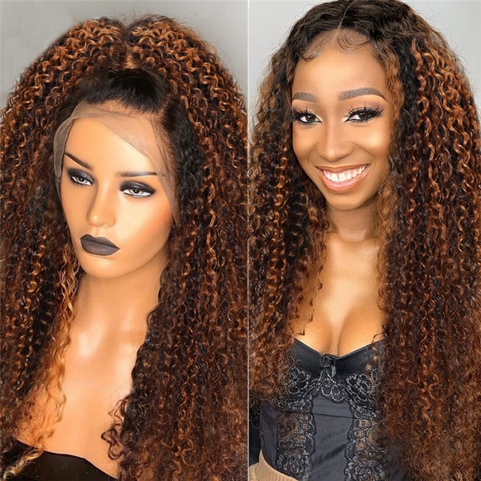 50% Off Chestnut-Toned Balayge Jerry Curly 13 by 4 Lace Front Wig 150% Density Preplucked With Baby Hair