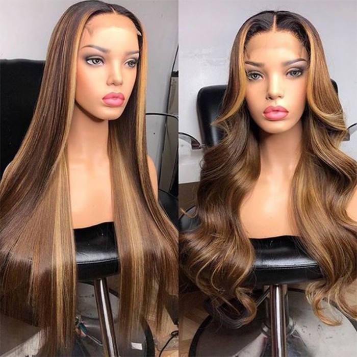 UNice Rich Brown Hair With Honey Blonde Highlights T Part Wig Straight Human Hair