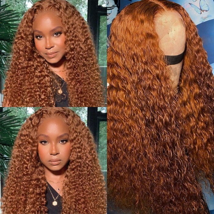 Tiktok Super Sale UNice Medium Auburn Jerry Curly Human Hair T Part Glueless Wig 150% Density