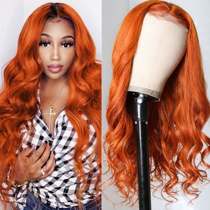 Cut To Free UNice Ginger Orange Body Wave Lace Part Wigs 16inch Human Hair Wigs