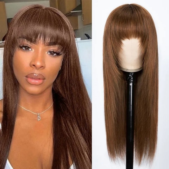 14 Inch Glueless Dark Brown with Bangs Straight Wig
