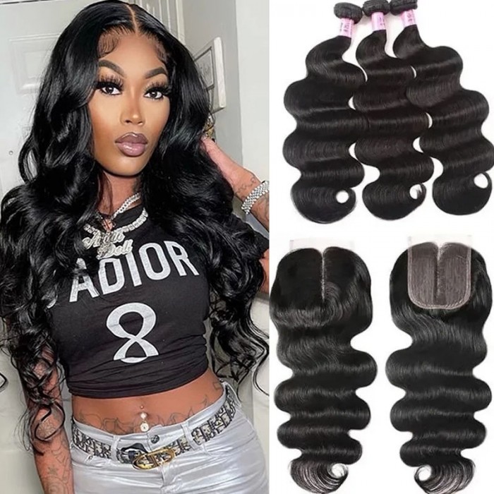 UNice Hair Body Wave Virgin Hair 3 Bundles With Closure Middle Part 100% Unprocessed Virgin Human Hair Remy Hair Extensions