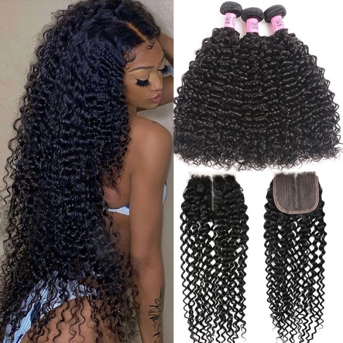 UNice Hair Curly Human Hair 3 Bundles With T Part Lace Closure Virgin Hair Curly Bundles With Closure Full Head Natural Black