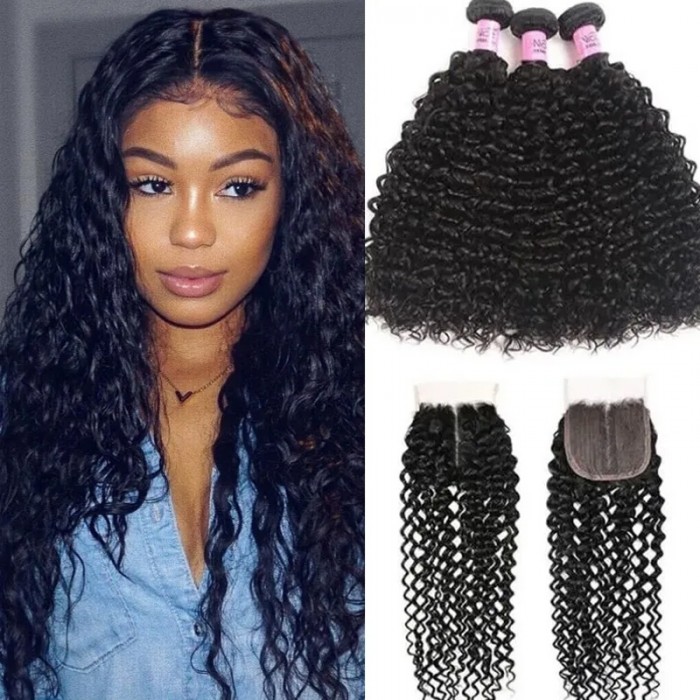 UNice Hair Curly Human Hair 3 Bundles With T Part Lace Closure Virgin Hair Curly Bundles With Closure Full Head Natural Black