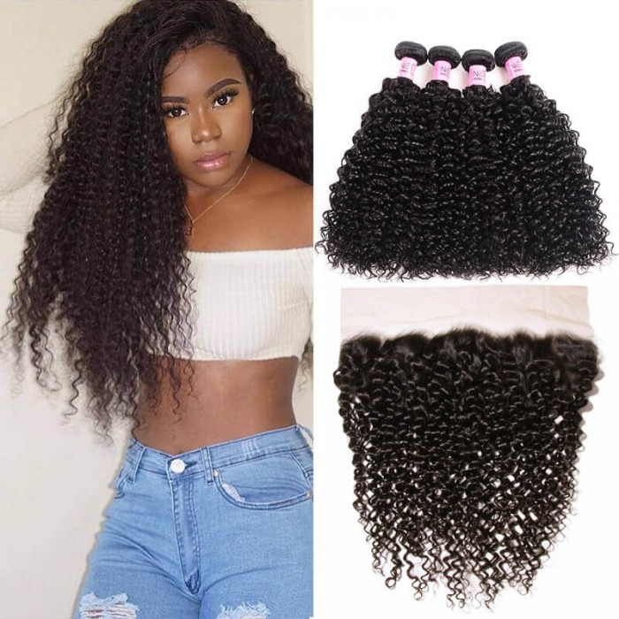 UNice Hair Icenu Series 4pcs Human Curly Hair With Frontal Hair Lace Closure