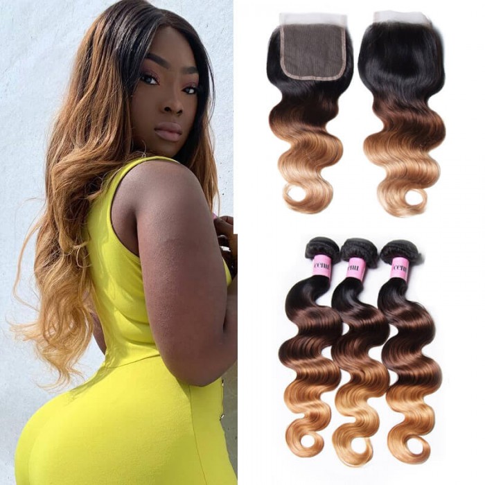 UNice Ombre Color 1B/4/27 Body Wave Sew In 3 Bundles with Closure