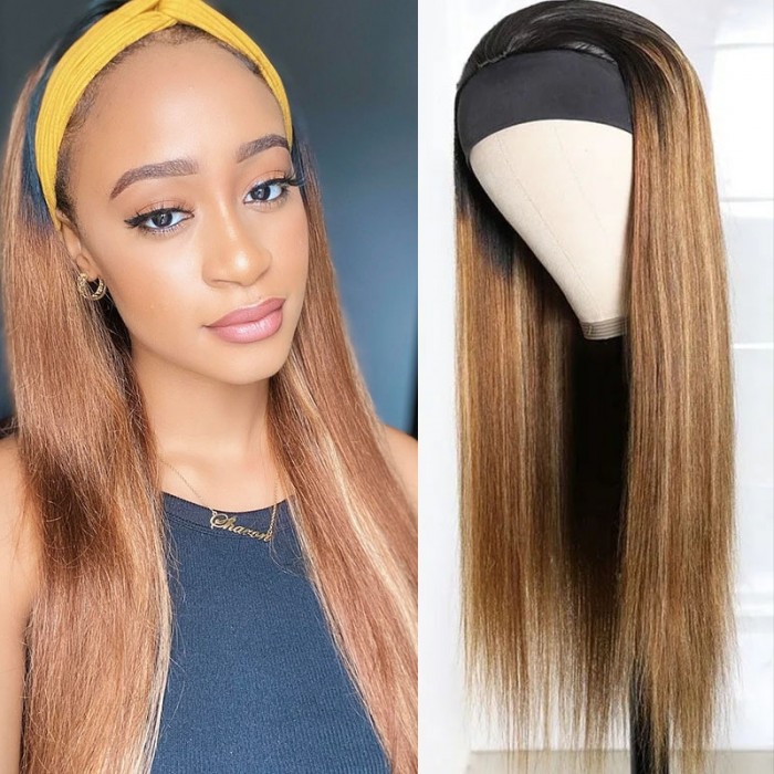 Honey Blonde Ombre Straight Headband Wigs With Dark Roots 150% Density Wear and Go
