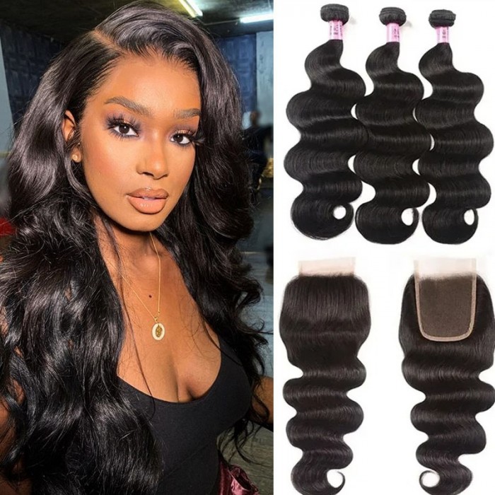 UNice Hair Unprocessed Body Wave Hair 3 Bundles With 4x4 Lace Closure