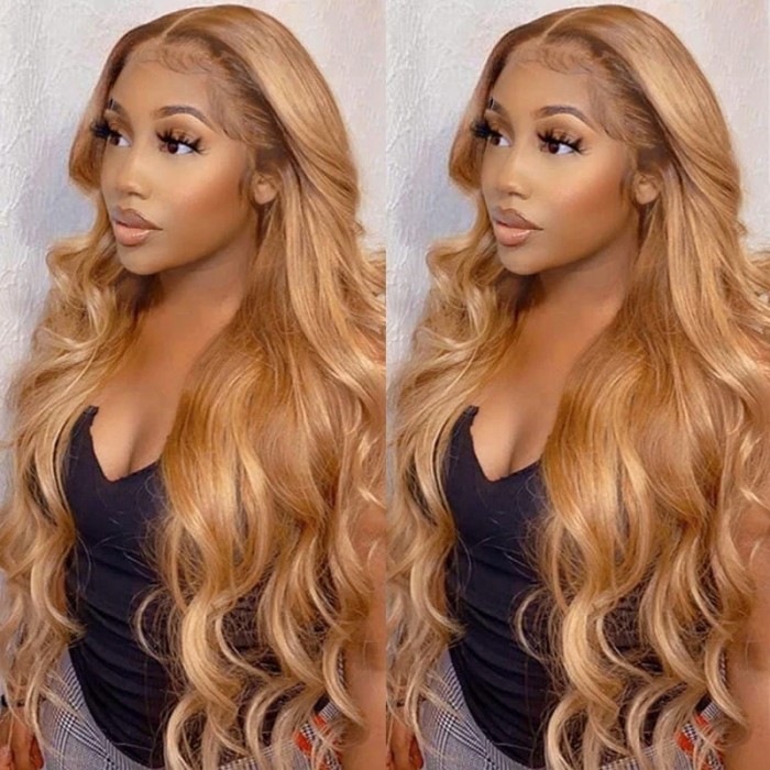 UNice Points Auction Highlight Ginger Brown Body Wave Pre Plucked Middle Lace Part Wig 14inch