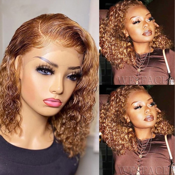 UNice Honey Blonde Layered Lob Water Wave Lace Front Wig with Dark Brown Color