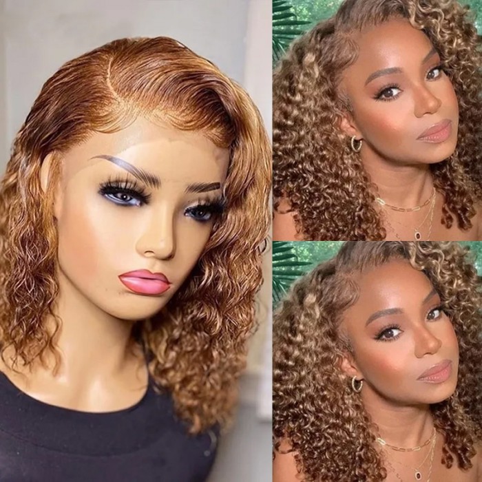 UNice Honey Blonde Layered Bob Water Wave Lace Front Wig with Dark Brown Color