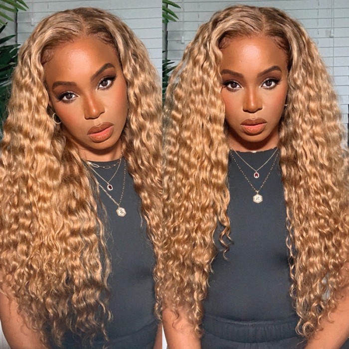50% Off Honey Blonde Wig with Brown Roots Deep Wave Lace Front Wig 