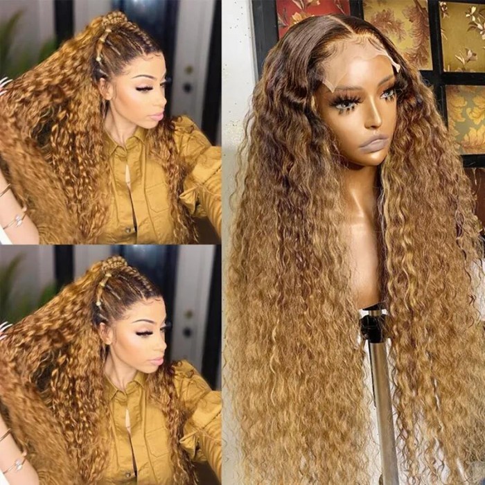 UNice Honey Blonde Wig with Brown Roots Deep Wave Lace Front Wig 