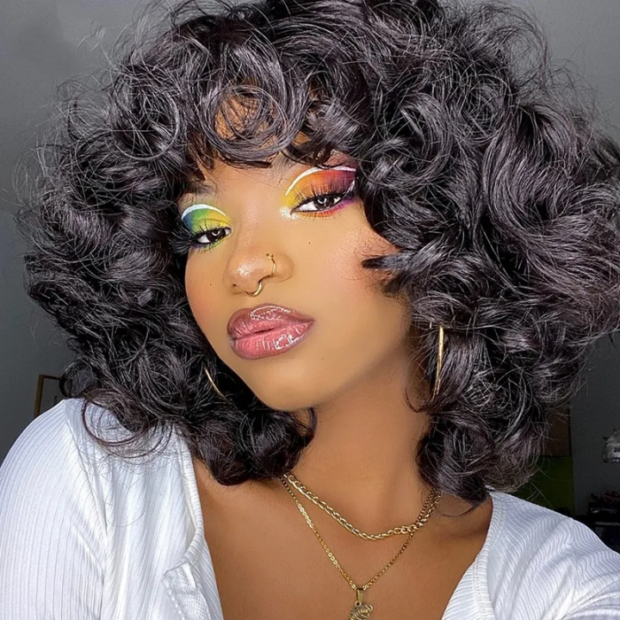 Unice Whatsapp Flash Deal Short Bouncy Fluffy Curly Wig For Women Brazilian Human Hair Wigs With Bangs