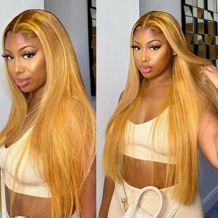 UNice Light Orange Straight Lace Front Wig With Light Blonde Peekaboo Highlights